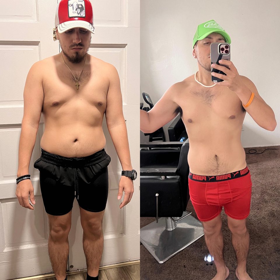 Before-and-after progress photo of Monge Method client 7 of 11, showing their body transformation during coaching