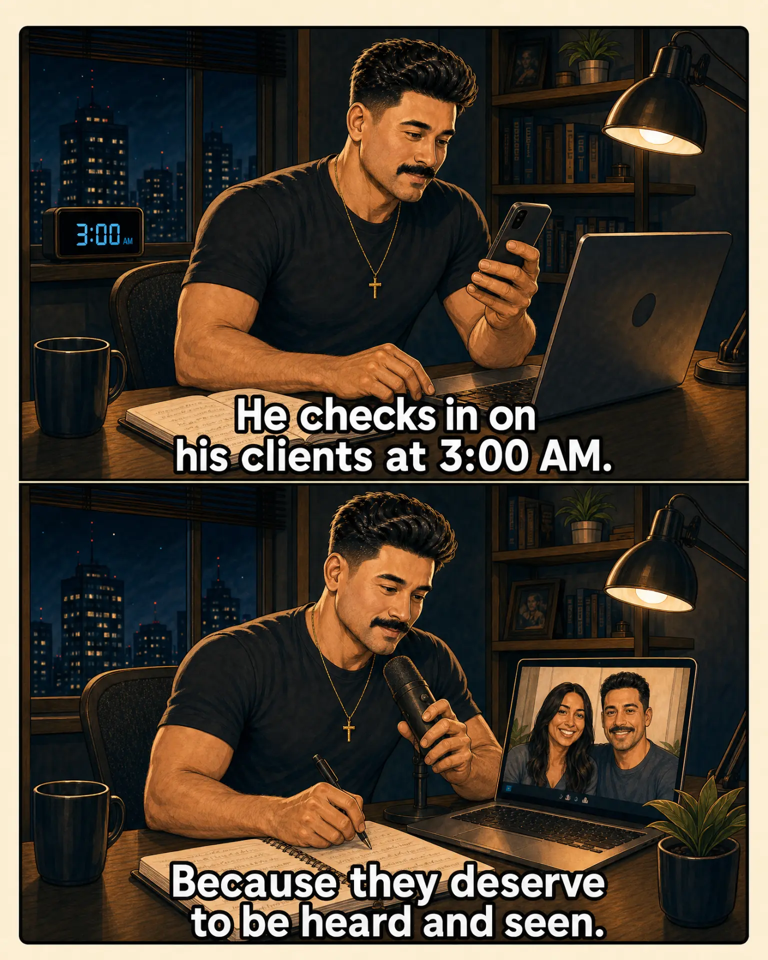 Comic: Rolo checking in on clients at 3:00 AM