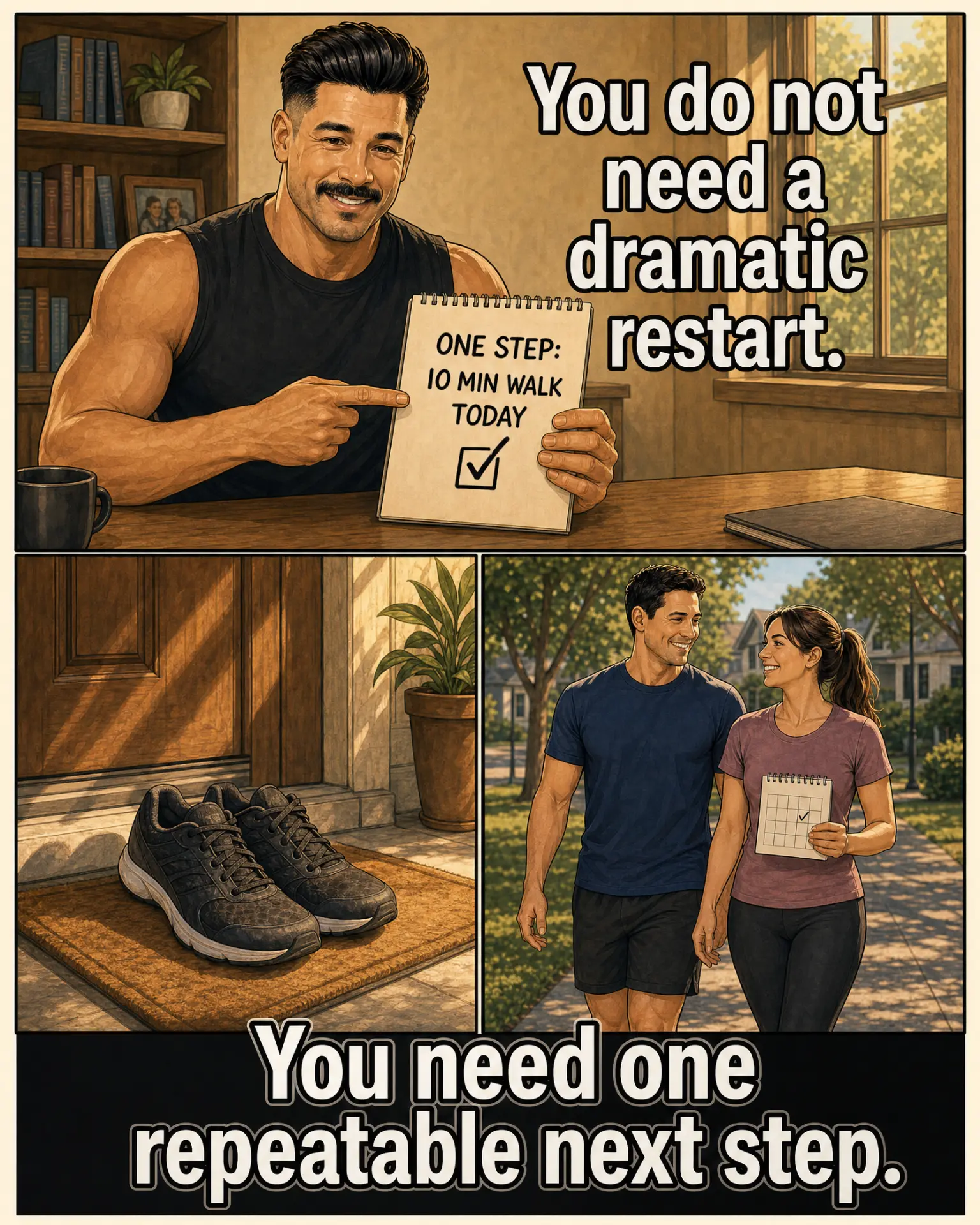 Comic: Rolo holding a note reading one step, ten minute walk today