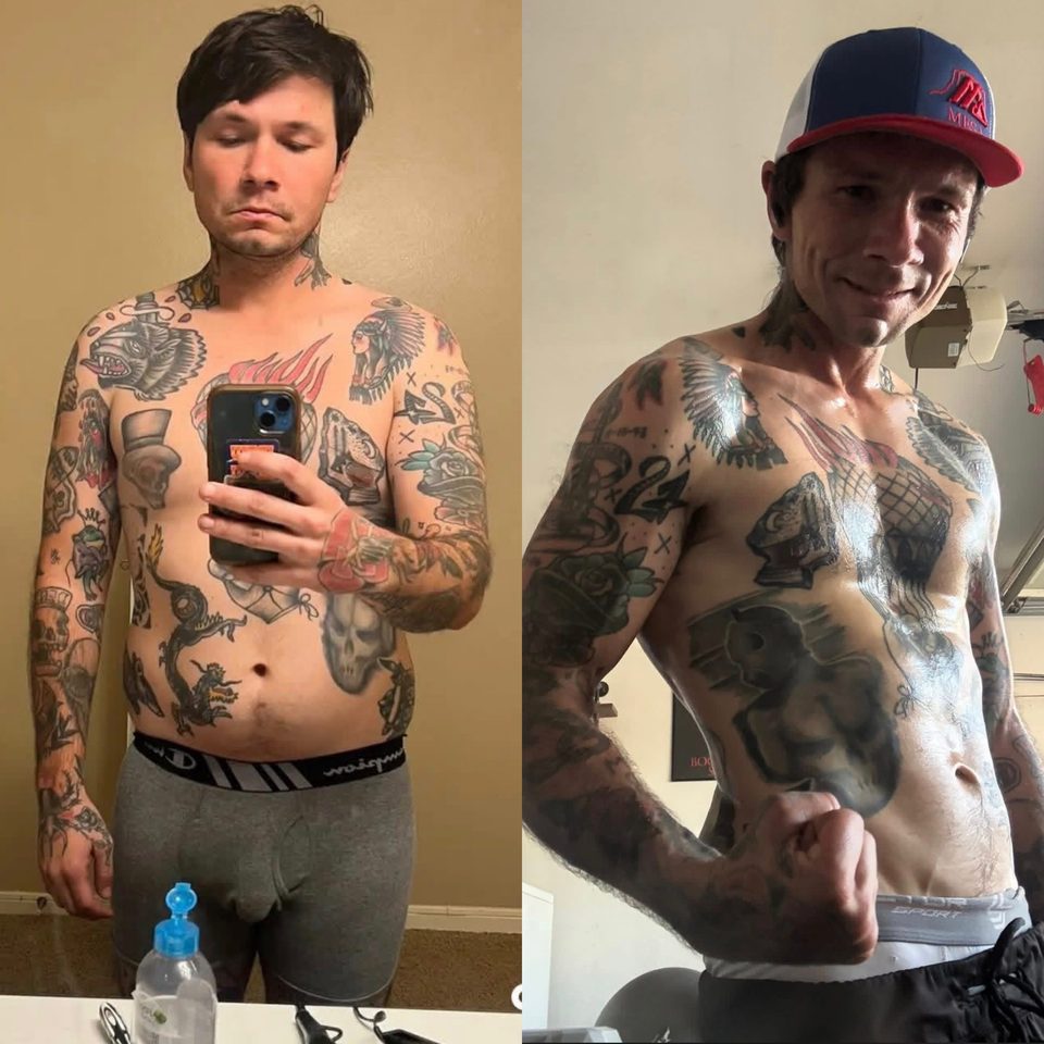 Before-and-after progress photo of Monge Method client 8 of 11, showing their body transformation during coaching