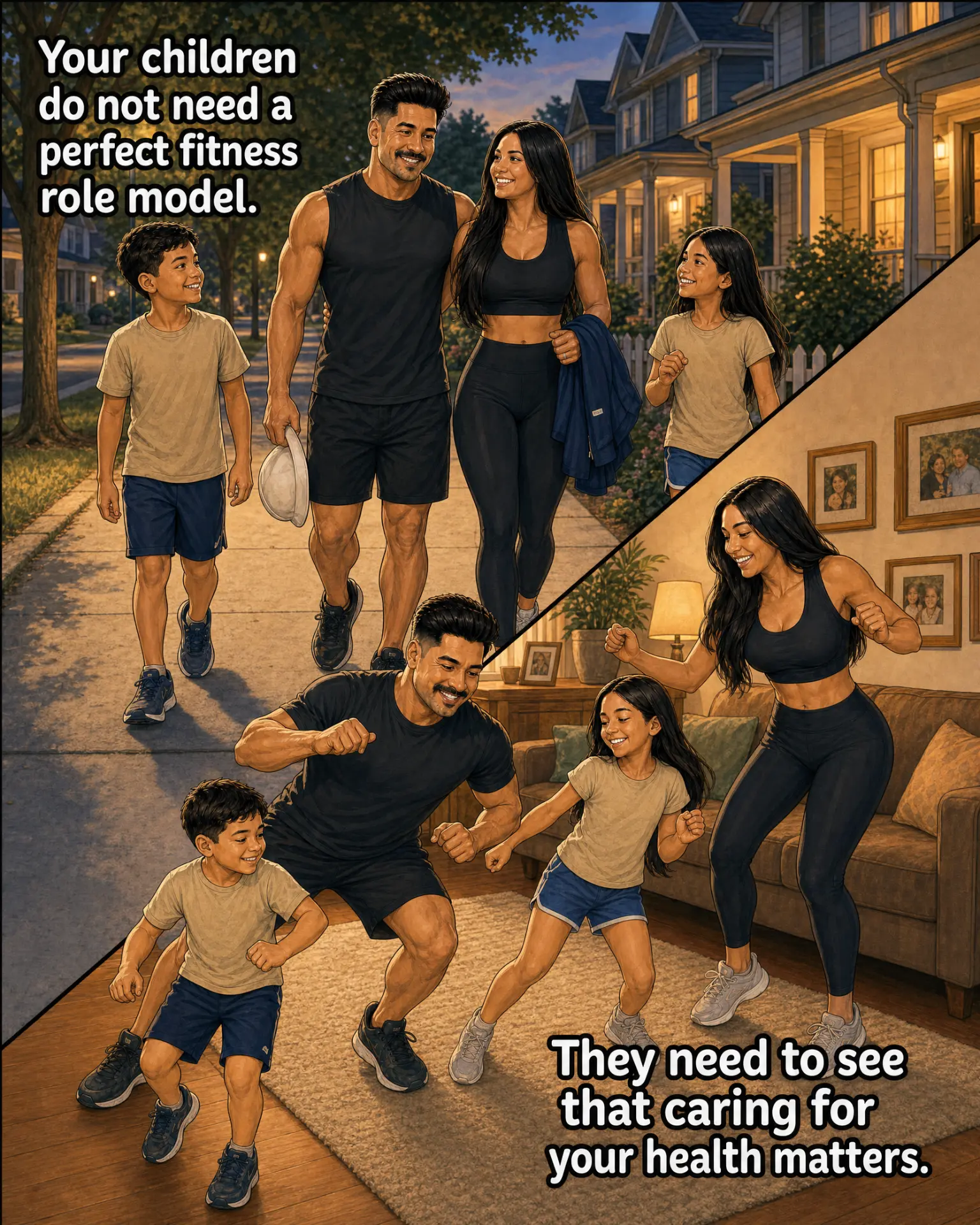 Comic: a family walking and playing together at home