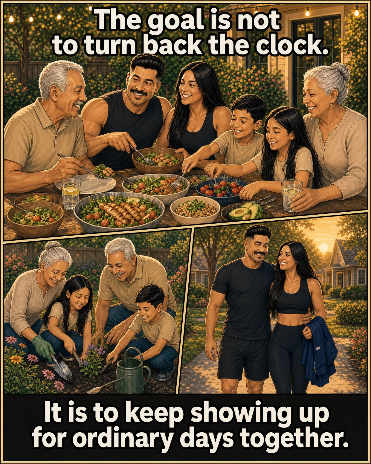 Comic: three generations sharing a meal and a garden