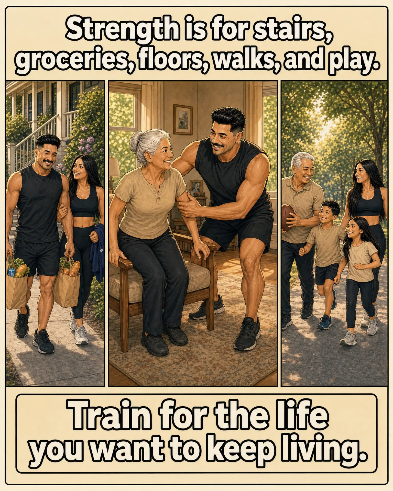 Comic: carrying groceries, helping a parent up, playing with kids