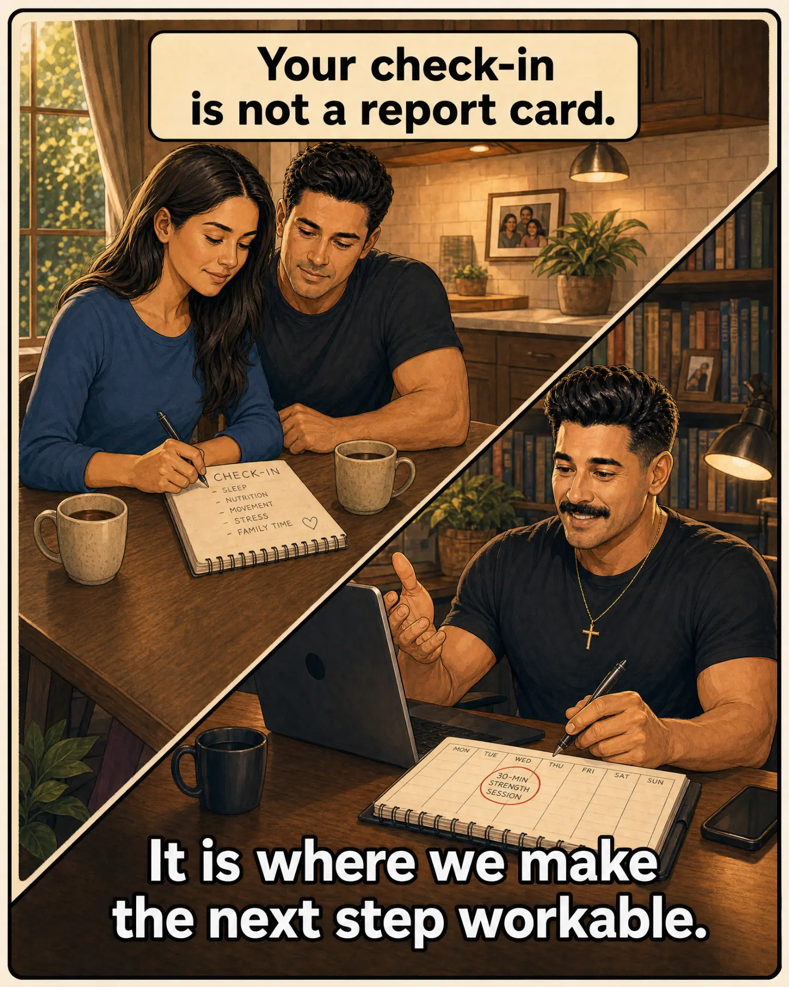 Comic: a couple filling out a check-in while Rolo adjusts their week