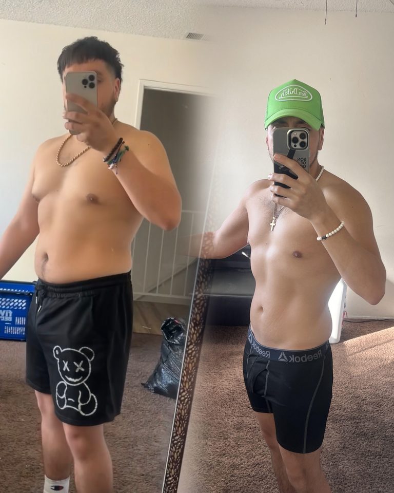 Before-and-after progress photo of Monge Method client 10 of 11, showing their body transformation during coaching