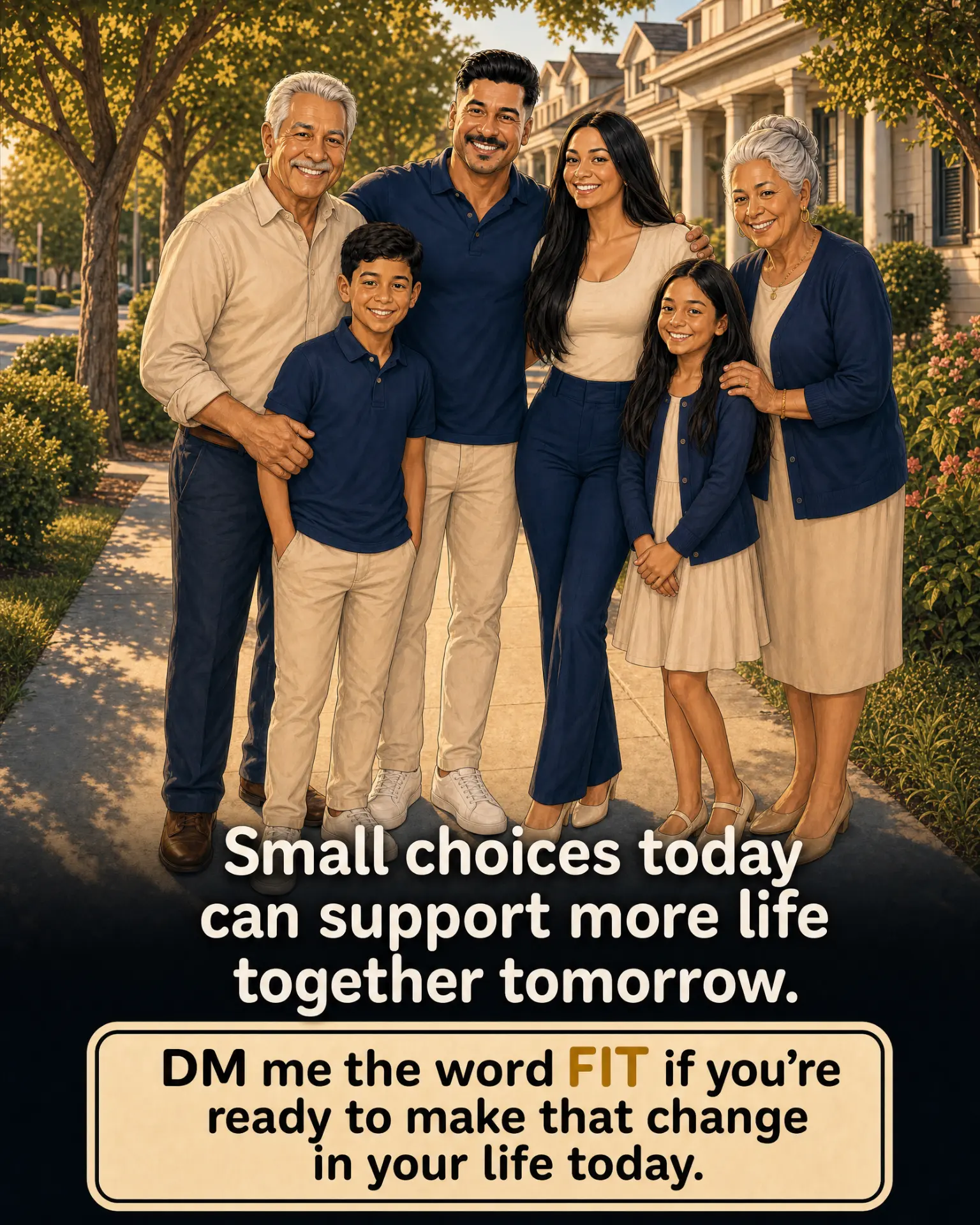 Comic: a multigenerational family together on a sunlit sidewalk